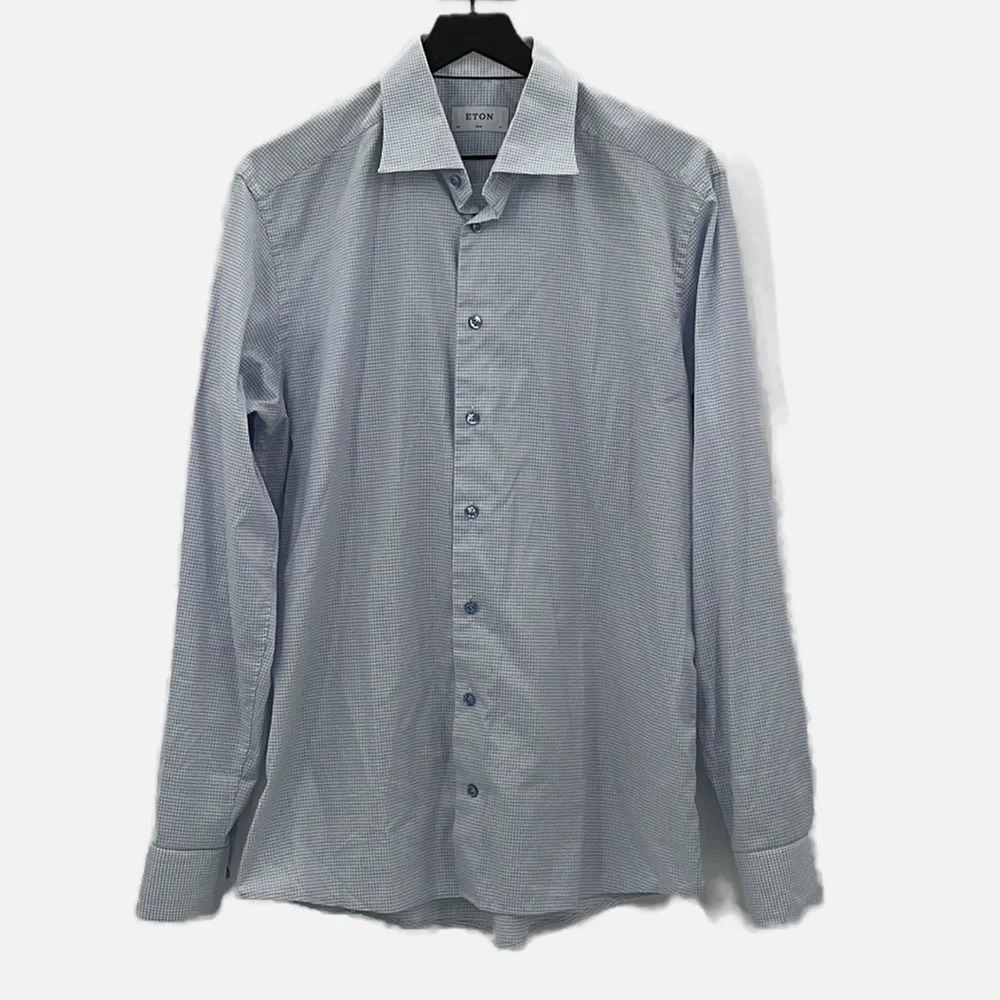 Eton Slim Fit Dress Shirt Grid Print Long Sleeve Button Up - Size 17 Slim/43